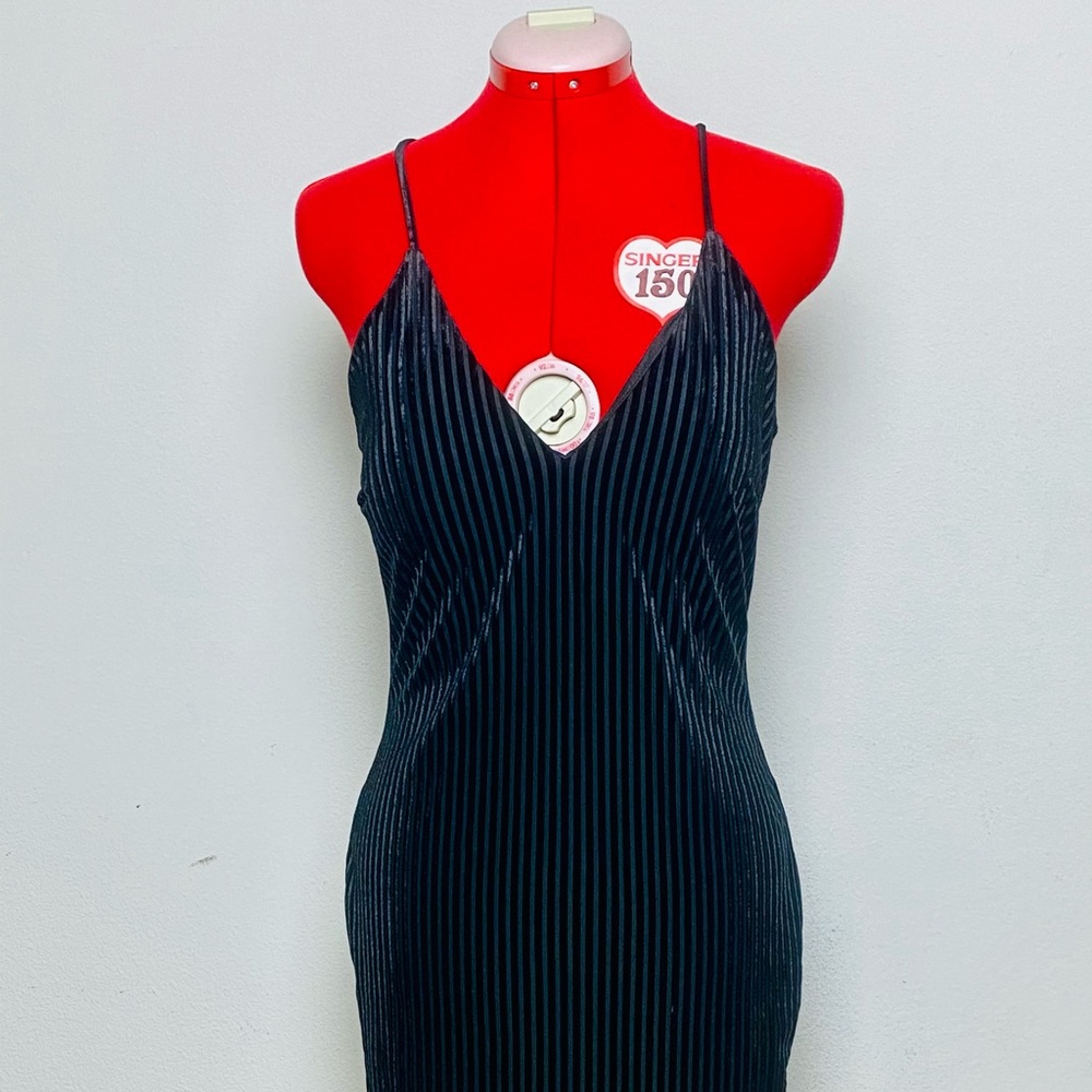 Black Velour Ribbed Trac Bodycon Dress- Size L